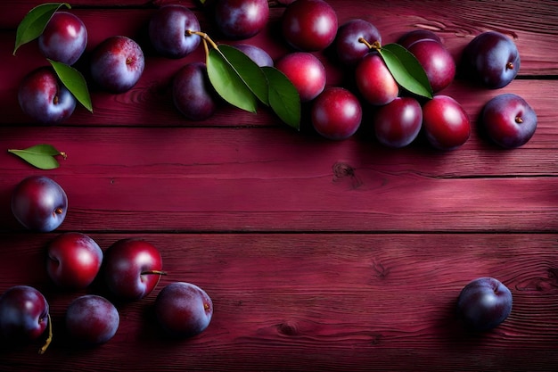 Plum composition flat lay with free space for copy red wood background
