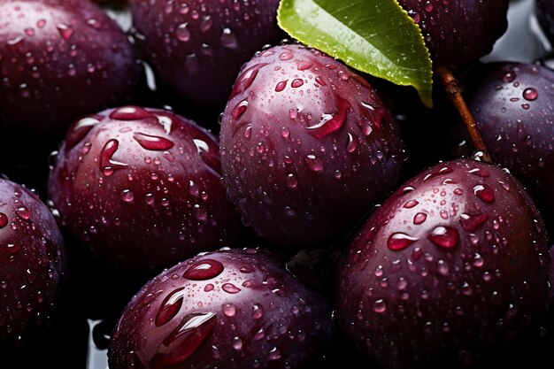 Plum covered with water drops