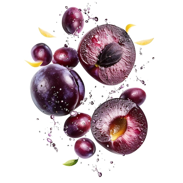 Plum Fruit in Sliced Rounds and Hovering With Deep Purple Co Isolated Photoshoot Clean Blank BG