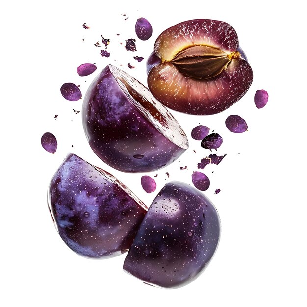 Plum Fruit in Sliced Rounds and Hovering With Deep Purple Co Isolated Photoshoot Clean Blank BG