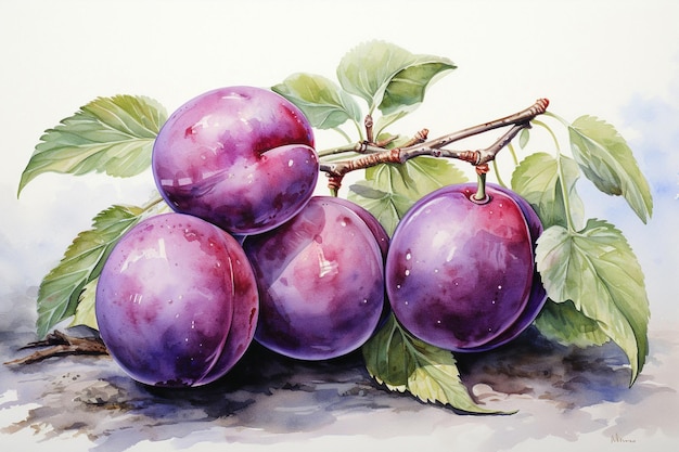 Plum fruit watercolor painting