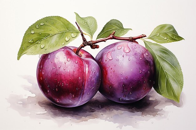 Plum fruit watercolor painting