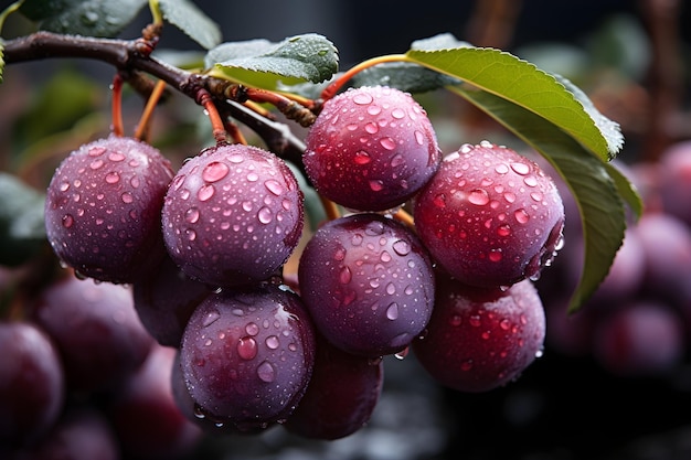 plum is growing on a tree in an orchard