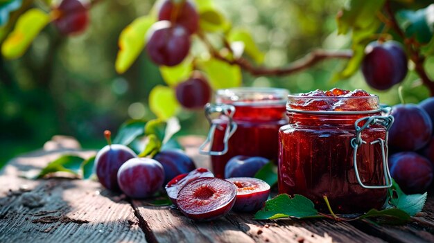 Plum jam in a jar Selective focus