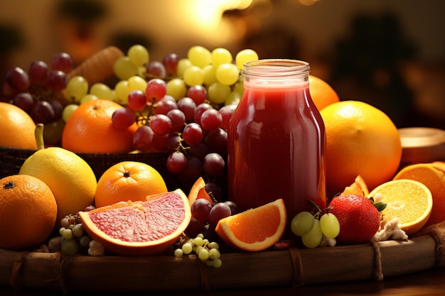 Plum juice in a glass with fresh fruits isolated on white background