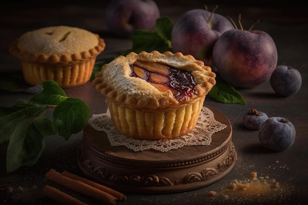 Plum mini pie with sweet juicy filling on table