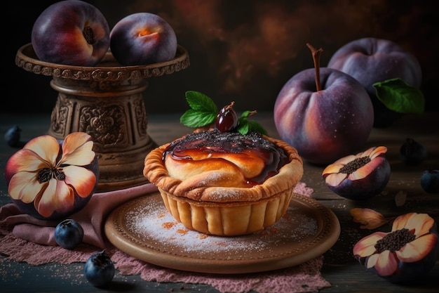 Plum mini pie with sweet juicy filling on table