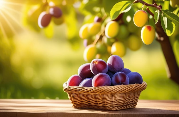 plum orchard to the horizon long plum plantations wicker basket with ripe plums on a wooden table branches of a plum tree Organic Farming sunny day