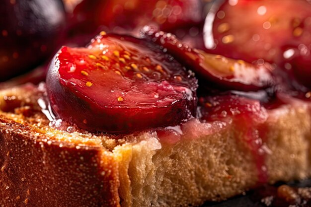 Plum toast macro shot of a fresh breakfast with dripping honey ai generated