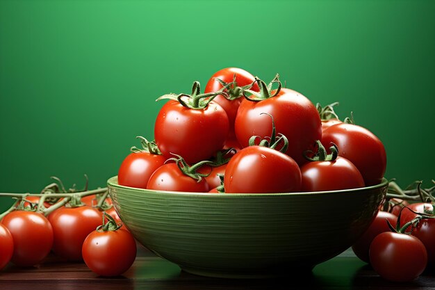 Plum tomatoes in a kitchen table behind green background vegan food concept