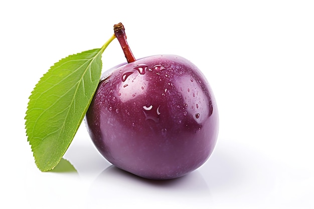 Plum with leaf fruit on white background