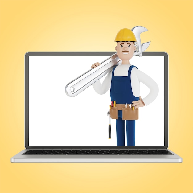 Plumber builder with a large wrench on a laptop screen Husband for an hour An electrician plumber carpenter calls the foreman to work 3D illustration in cartoon style