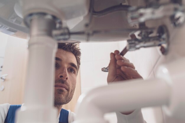 Photo plumber fixing a sink at home