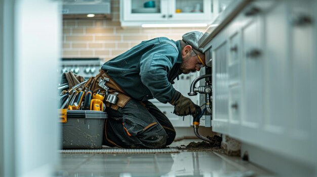 Photo a plumber fixing a sink in a kitchen