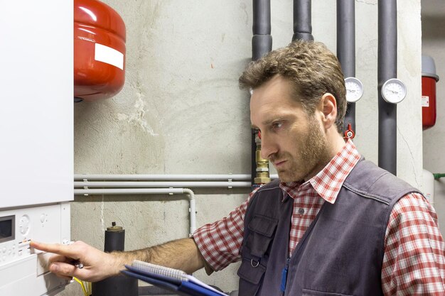 Photo plumber holding clipboard inspecting heating system