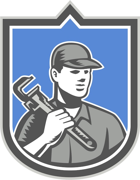 Plumber Holding Wrench Woodcut Shield