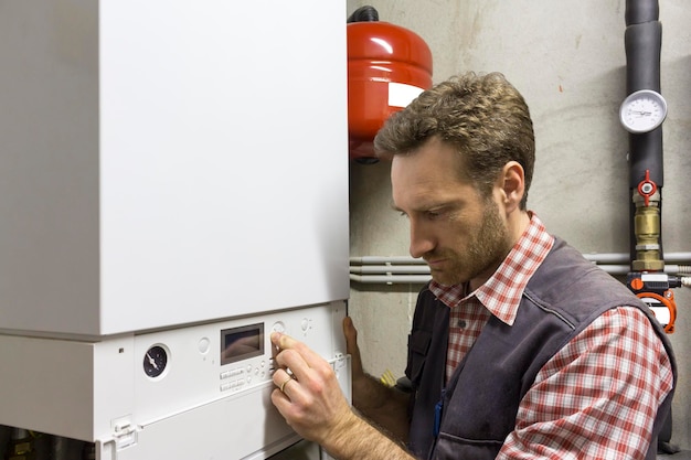 Photo plumber inspecting heating system