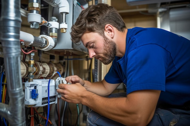 A plumber installing a modern smart water meter