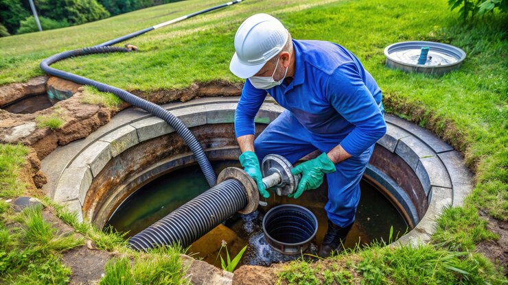 Plumber Installing Wastewater Pump in Septic Tank on a Sunny Day Generative AI