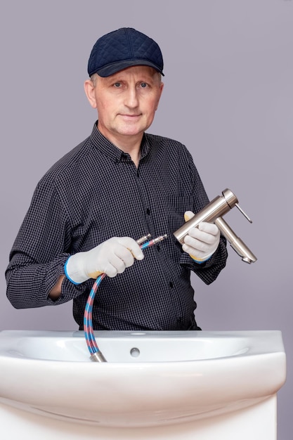 A plumber installs a faucet in a bathroom connects a hose to the faucet