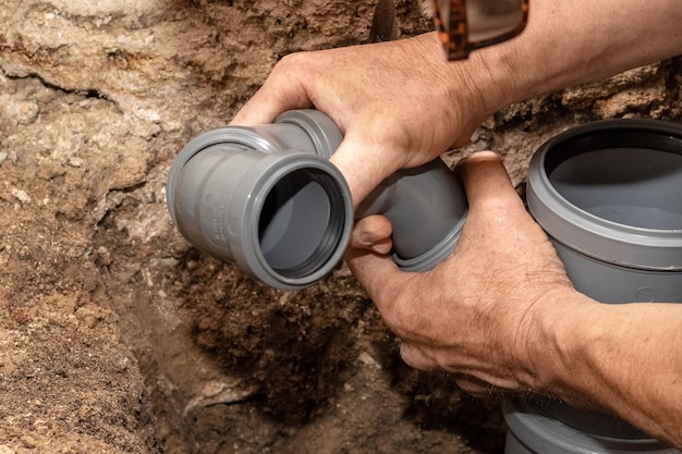 A plumber installs sewer pipes in a bathroom to drain water