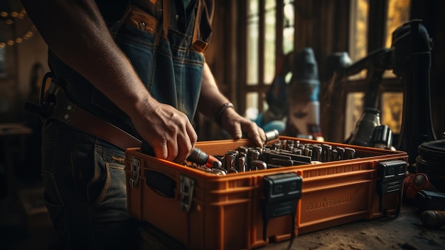 A plumber is fixing a radiator With an adjustable wrench he tightens the tap A briefcase with a tool at hand telephoto lens daylight