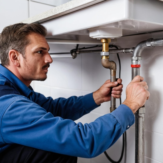 a plumber is fixing under a sink with a blue uniform on