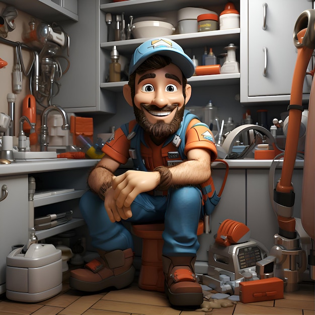 Сантехник на кухне 3D-рендеринг персонажа из мультфильма
