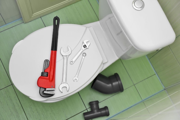 Plumber's tools on toilet seat lid indoors