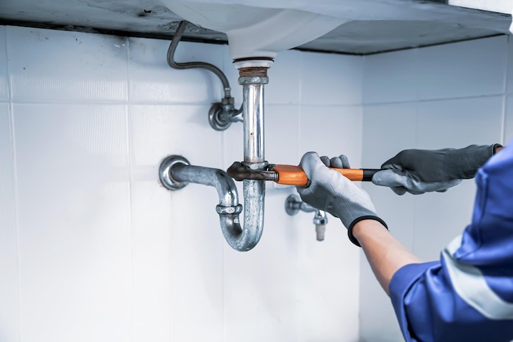 Photo plumber using a wrench to repair water pipe under the sink
