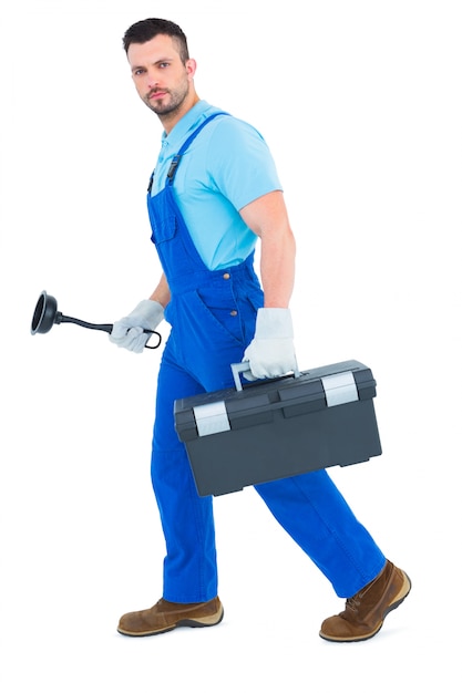 Plumber with plunger and toolbox