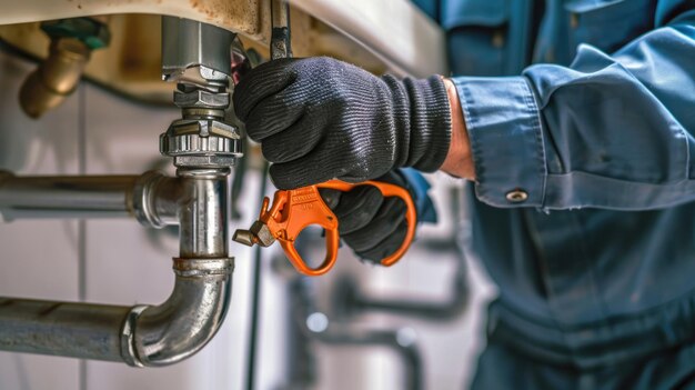 Plumbers hands using an pipe wrench to work on the chrome Ptrap under a white sink