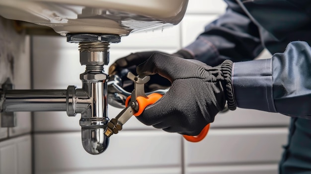 Plumbers hands using an pipe wrench to work on the chrome Ptrap under a white sink