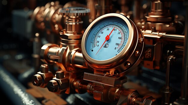 Plumbing concept water Copper pipeline with pressure gauge Generative Ai