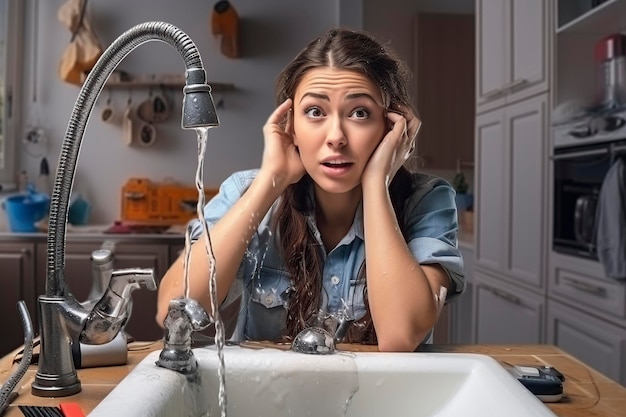 Photo plumbing leak in the sink and a woman on a phone call for maintenance