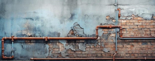 Plumbing pvc and copper pipes behind the damaged wall with a hole in it