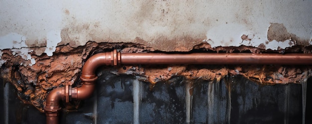 Plumbing pvc and copper pipes behind the damaged wall with a hole in it