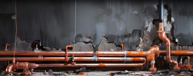 Plumbing pvc and copper pipes behind the damaged wall with a hole in it