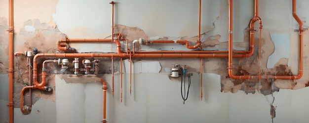 Plumbing pvc en koperen leidingen achter de beschadigde muur met een gat erin