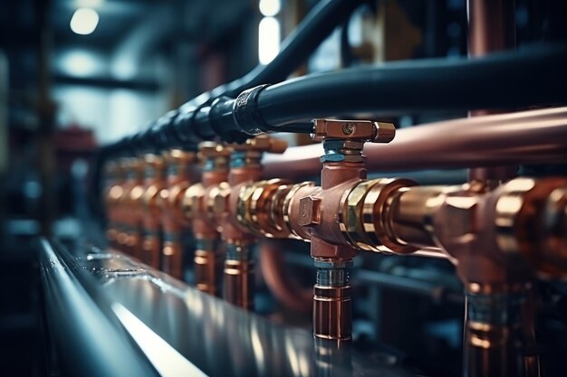 Plumbing service Copper pipes of the heating system in the boiler room