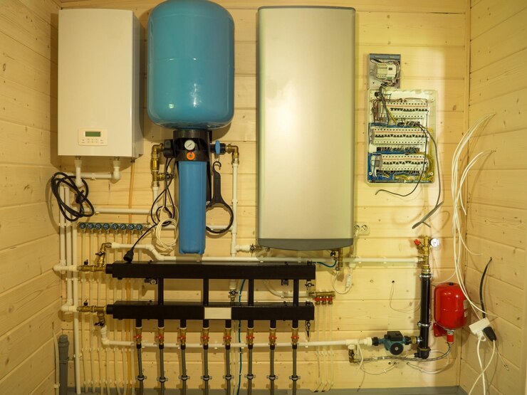 Plumbing services plumbing and expansion tank of the heating system in the boiler room