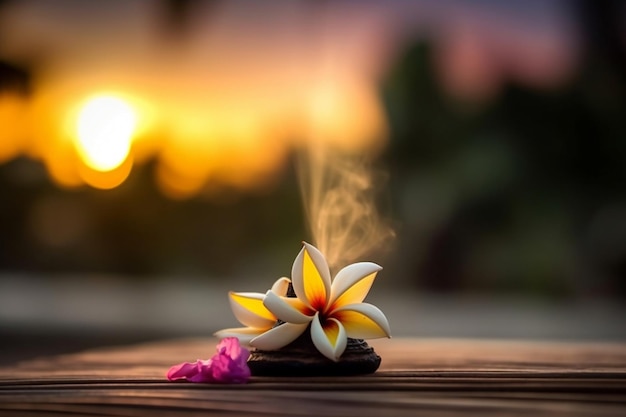 A plumeria flower on a table in front of a sunset