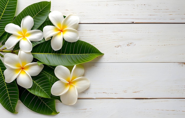 Foto fiore di plumeria con foglie di palma verdi piatte distese su un tavolo di legno bianco sullo sfondo vista superiore