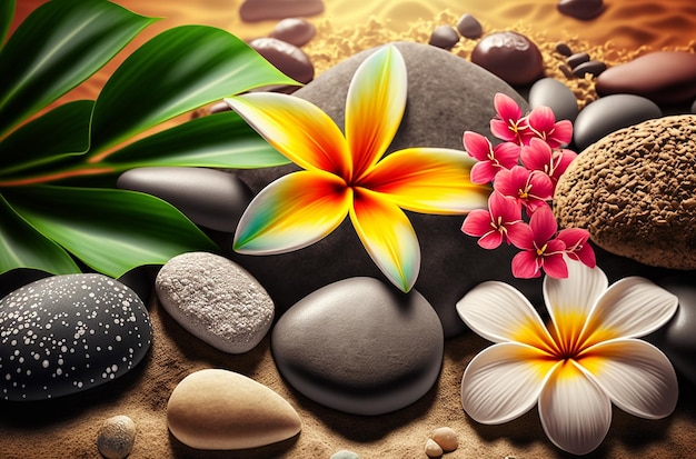 Plumeria flowers on the beach on the sand Generative AI