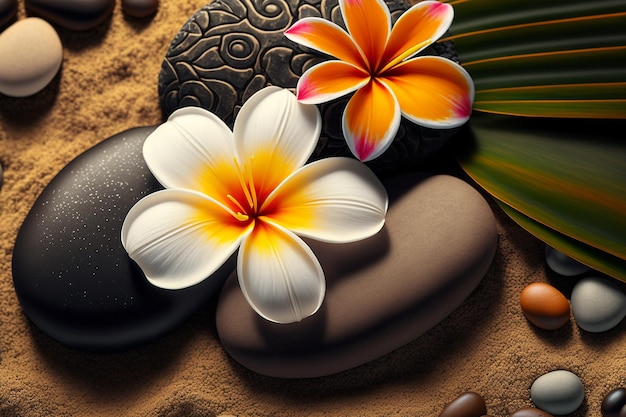 Plumeria flowers on the beach on the sand Generative AI