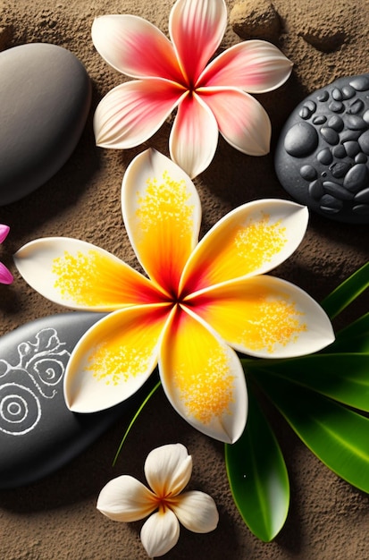 Plumeria flowers on the beach on the sand Generative AI