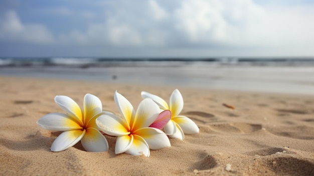 plumeria flowers on the beach on the sand selective focus flower generative ai