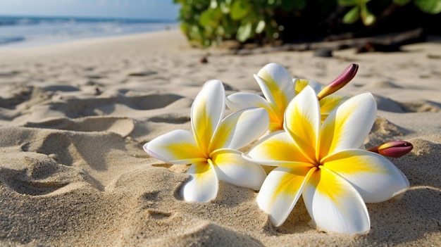 Plumeria flowers on the beach on the sand selective focus flower Generative AI