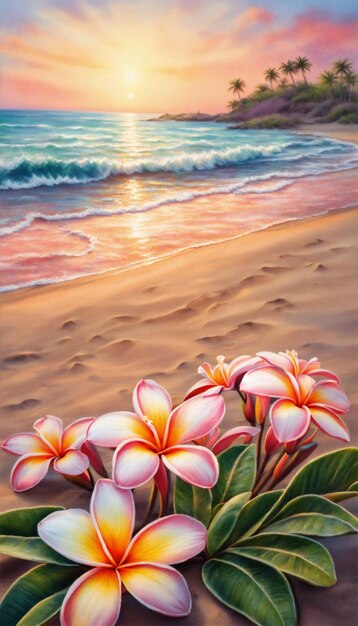 Photo plumeria flowers on the beach on the sand selective focus generative ai