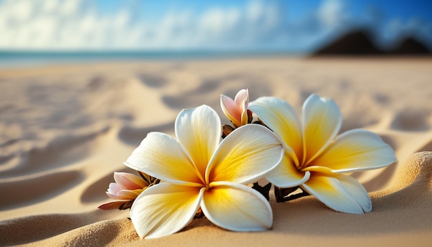 Plumeria flowers on the beach on the sand selective focus Generative AI